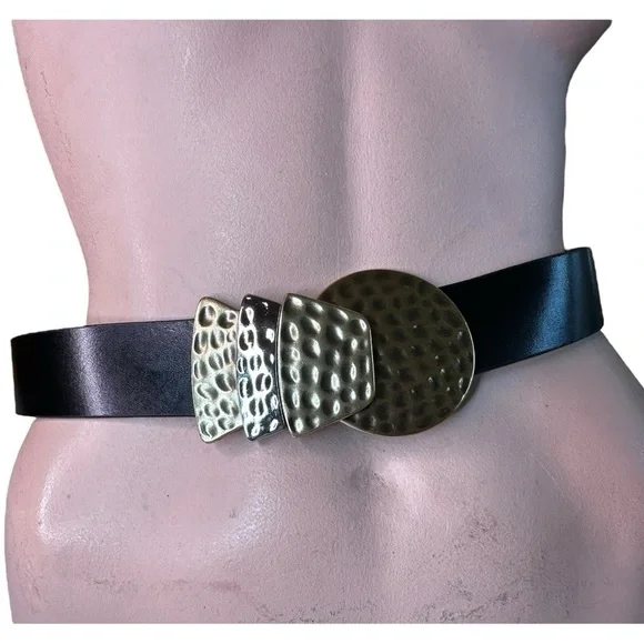 Lake Shore Drive Leather Belt with Hammered Brass and Silver Tone Buckle - Picture 2 of 6